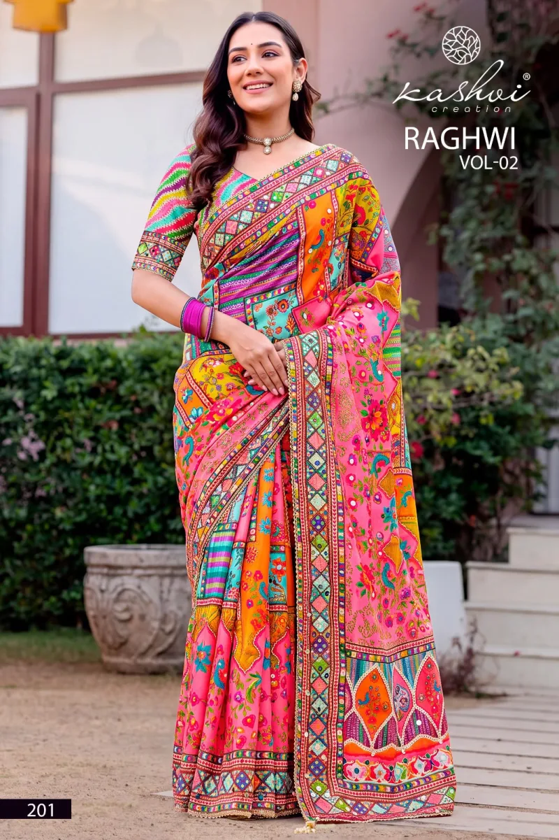 Raghwi Vol 2 By Kashvi Chinon Printed Beads Saree 